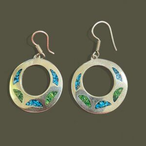 Vintage Taxco Mexico Sterling Silver Turquoise Inlay Large Round Hoop Earrings